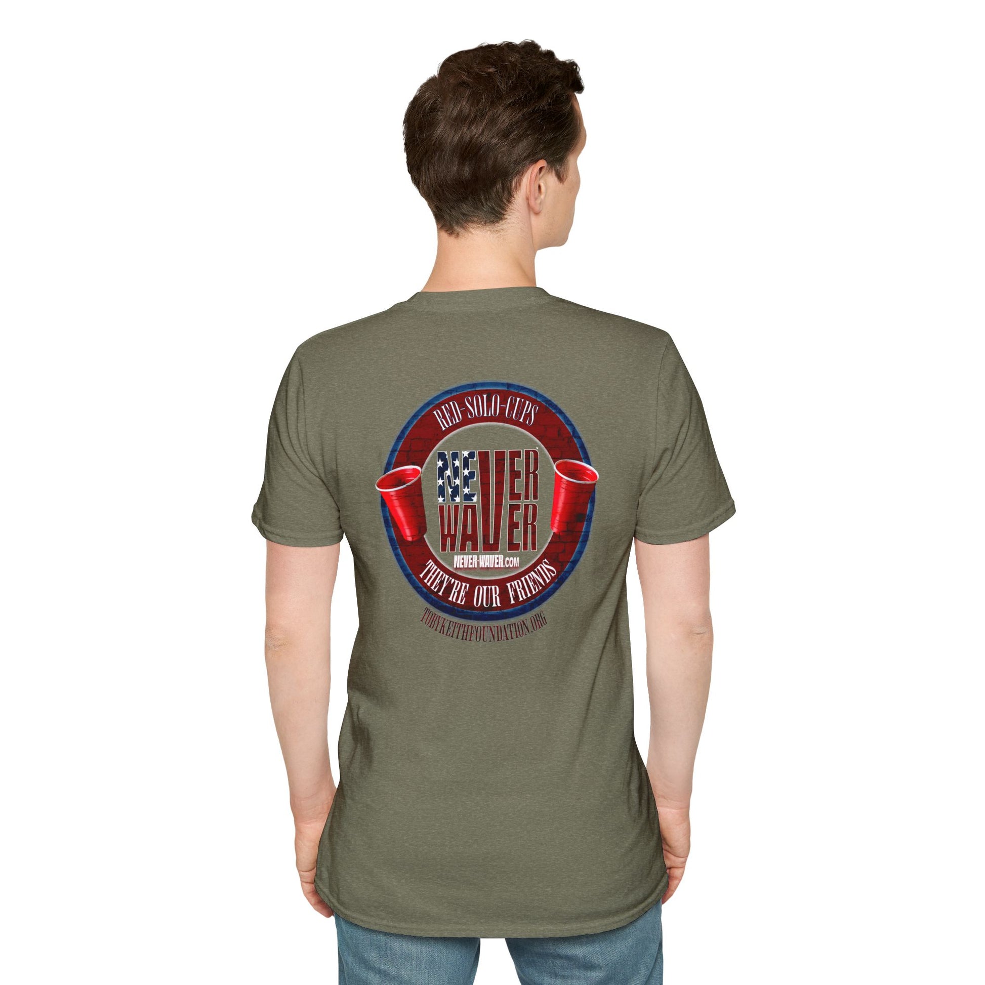 'Red Solo Cups Never Waver They Are Our Friends' with 50% of profits going to the Toby Keith Foundation. Unisex soft style T-shirt - Never Waver