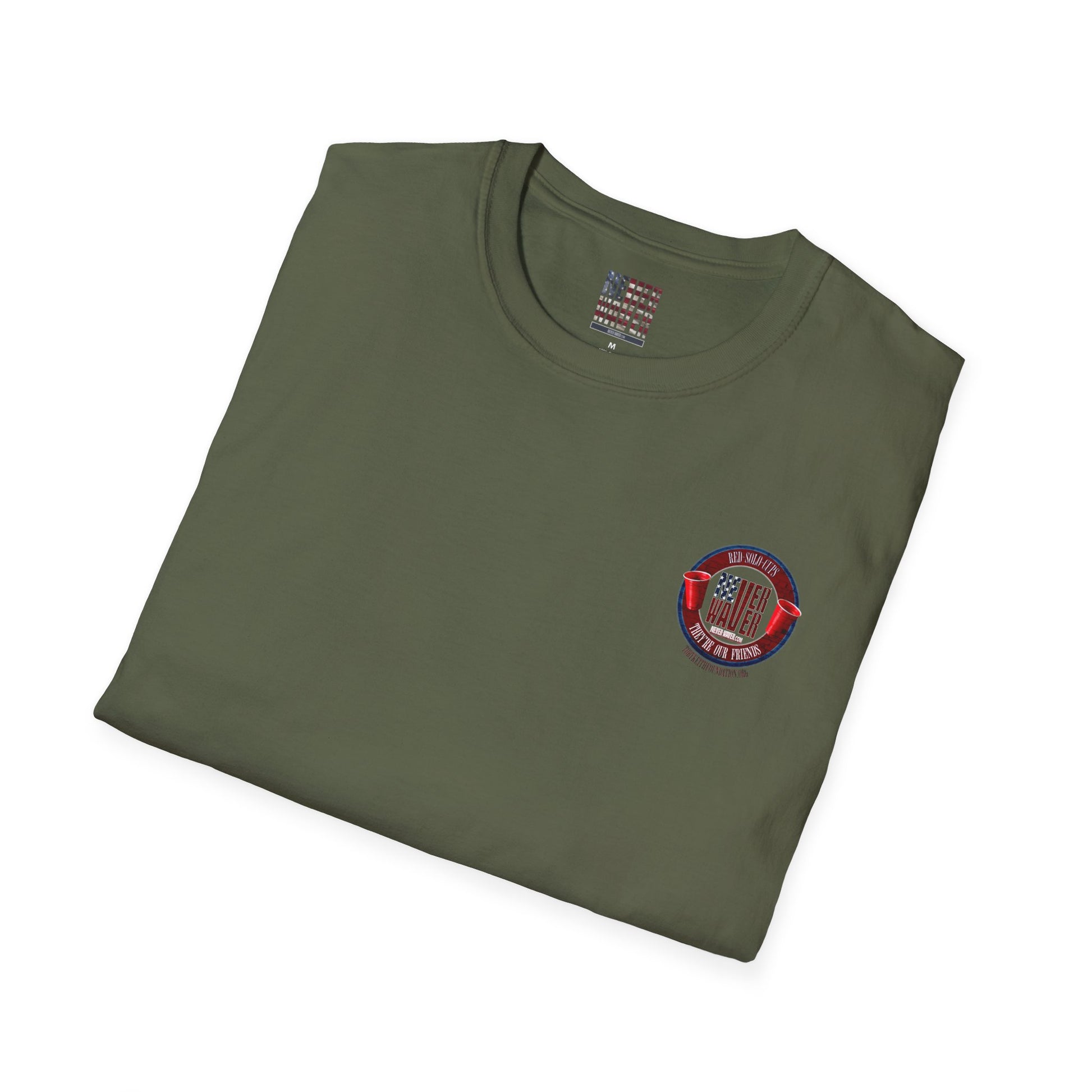 'Red Solo Cups Never Waver They Are Our Friends' with 50% of profits going to the Toby Keith Foundation. Unisex soft style T-shirt - Never Waver